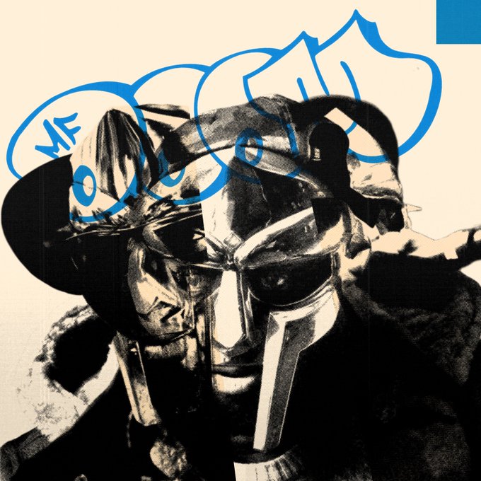 A stylized black-and-white illustration of a futuristic armored character with a helmet and sword, overlaid with blue graffiti-style tags.