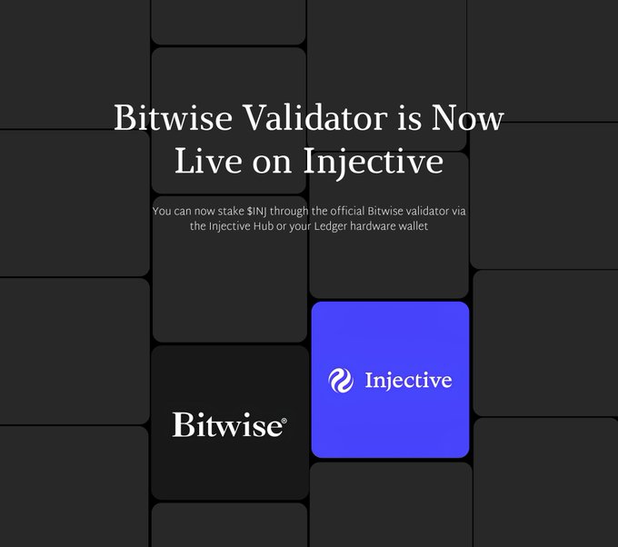 An announcement graphic titled 'Bitwise Validator is Now Live on Injective,' noting users can now stake $INJ through the official Bitwise validator.