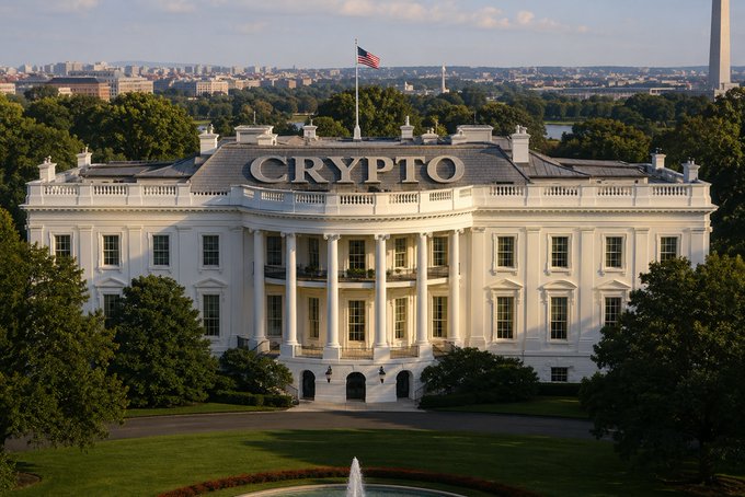 An image of the White House with 'CRYPTO' displayed on the rooftop instead of its usual signage, with an American flag flying above.