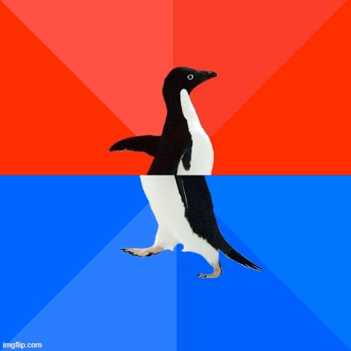 A small penguin appears to be walking, edited onto a background of four red and blue triangular quadrants, with an 'imgflip.com' watermark in the corner.