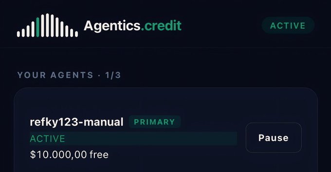 A dashboard for Agentics.credit showing 'YOUR AGENTS · 1/3' with an active agent named 'refky123-manual' marked as PRIMARY with $10,000.00 free and a Pause button.