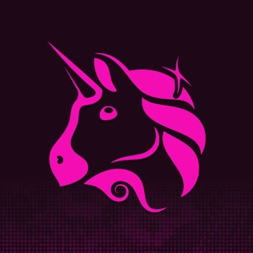 A stylized pink unicorn head logo on a black background, representing Uniswap's iconic mascot, accompanies news that the protocol has surpassed $250 million in stock token trading volume on Robinhood Chain.