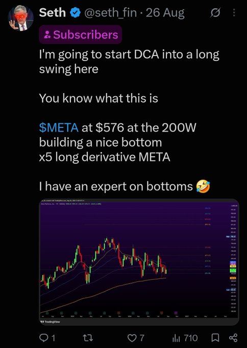 A tweet from @seth_fin dated August 26 announces plans to "start DCA into a long swing" on $META at $576, noting it's "at the 200W building a nice bottom" with an "x5 long derivative META" position, accompanied by a humorous "I have an expert on bottoms" joke and a TradingView candlestick chart showing META's price action. The image relates to the accompanying post by highlighting the $576 entry point as the bottom of a long swing trade, which has since proven profitable given subsequent positive catalysts like Trump's $25M META purchase disclosure and Meta's new AI frontier model announcement.