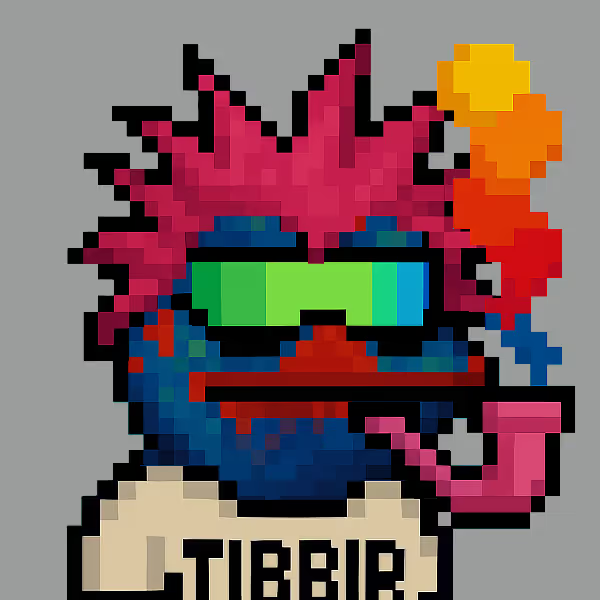 A pixel art illustration of a character with spiky pink hair, green goggles, and a blue jacket, with the text 'TIBBIR' displayed at the bottom.