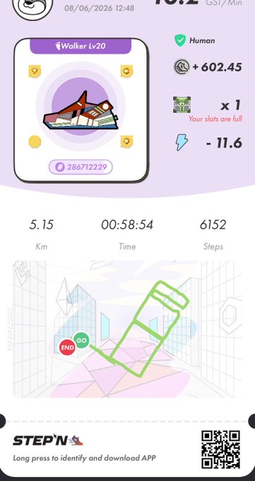 The image shows a white screen displaying a step tracking app with a purple background, featuring a cartoon character walking through an urban setting. The app displays information about the user's progress, including their current steps taken, distance traveled, and calories burned. There is also a map of the area displayed on the screen, which can be helpful for users to navigate while using the app.