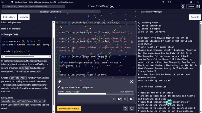 A freeCodeCamp JavaScript certification page shows a completed 'Build a Library Manager' project with confetti animation, featuring code for functions like 'getBooksByAuthor' and 'getTotalPages'.