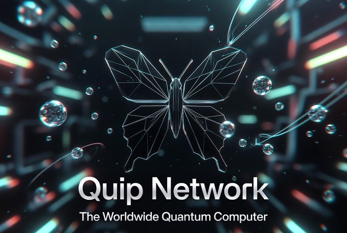 The image displays the "Quip Network" logo featuring a geometric wireframe butterfly design against a futuristic dark background with glowing digital particles and light streaks, accompanied by the tagline "The Worldwide Quantum Computer." This visually represents the tweet's message about Quip Network making quantum computing accessible as a real marketplace rather than science fiction.