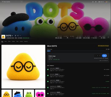 A screenshot of the DOTS NFT marketplace showing the collection page for DOTS with a featured yellow triangular "Mint DOTS" plush item wearing glasses.