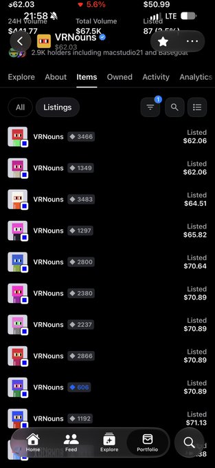 A mobile app screenshot showing a marketplace listing for 'VRNouns' NFT collectibles, with various items priced between $62.06 and $71.13, showing a total volume of $67.5K.