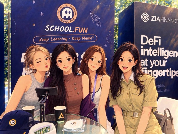 An illustrated/anime-style image of four women posing together at what appears to be a promotional event, with banners for 'SCHOOL.FUN - Keep Learning, Keep Meme³' and 'ZIA FINANCE - DeFi intelligence at your fingertips' in the background.