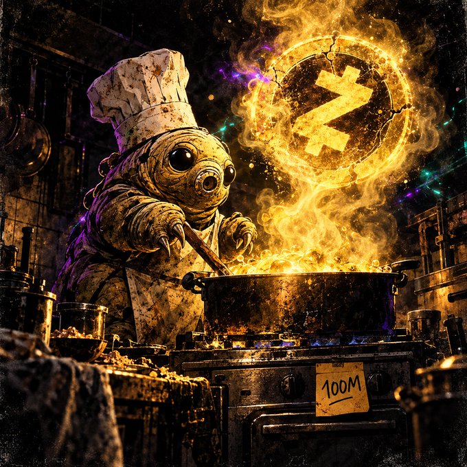 A grotesque chef in a tall hat stirs a flaming pot topped with the Z (Zcash) logo, while a sticky note on the stove reads "100M"—visually embodying the post's call to "cook" a $100M Zcash stonk run while you're early.