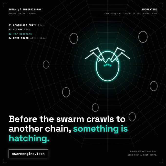 Dark teal tech poster for 'SWARM // INTERMISSION' listing chains (ROBINHOOD CHAIN live, SOLANA live, ??? hatching, NEXT CHAIN after this) with a spider web graphic and text 'Before the swarm crawls to another chain, something is hatching.'