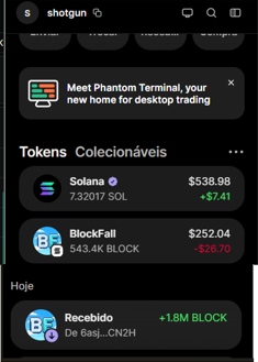 A mobile app screenshot of Phantom Terminal showing collectible tokens including Solana ($538.98, +$7.41), BlockFail ($252.04, -$26.70), and a 'Recibido' notification for 1.8M BLOCK.