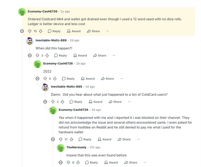 A Reddit thread where user Economy-Cash6726 reports their Coldcard Mk4 hardware wallet was drained in 2022, even with a 12-word seed and no dice rolls, while complaining about poor customer service.