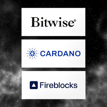Logos for Bitwise, Cardano, and Fireblocks are displayed against a starry background, representing the Gold Sponsors for the European Blockchain Convention in Barcelona on September 16-17.