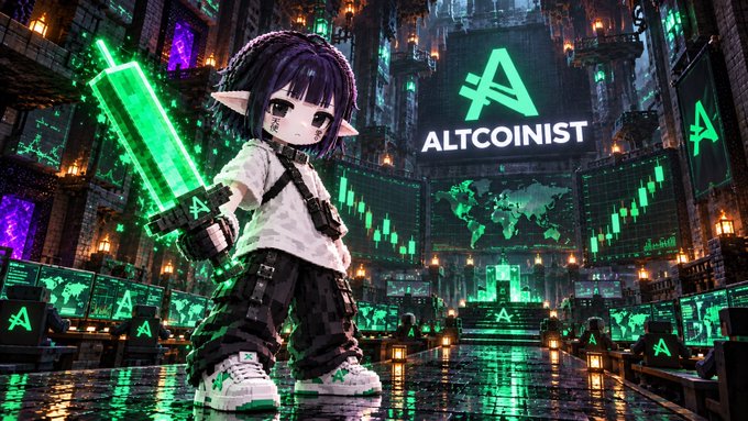 An anime-style character with purple hair holding a glowing green sword in a futuristic trading room with green candlestick charts and the "ALTCOINIST" logo prominently displayed.
