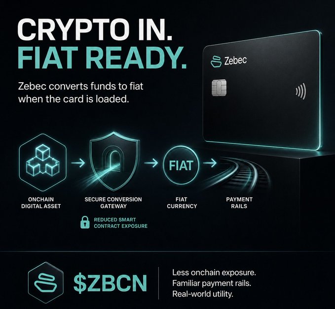 An advertisement for Zebec cryptocurrency showing how 'CRYPTO IN. FIAT READY.' works, converting onchain digital assets to fiat currency for the $ZBCN token.