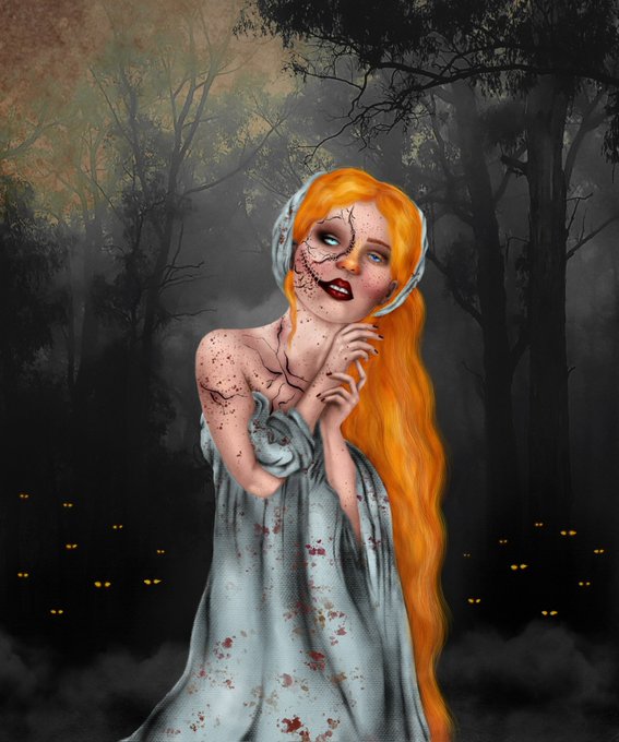 A digital illustration of a creepy doll-like figure with long orange hair, cracked porcelain skin, and a blood-spattered white dress standing in a dark forest with glowing eyes in the background.