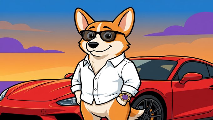 A cartoon illustration of a smiling Corgi dog wearing sunglasses, a white shirt, and a luxury watch, posing in front of a red sports car against a sunset sky.