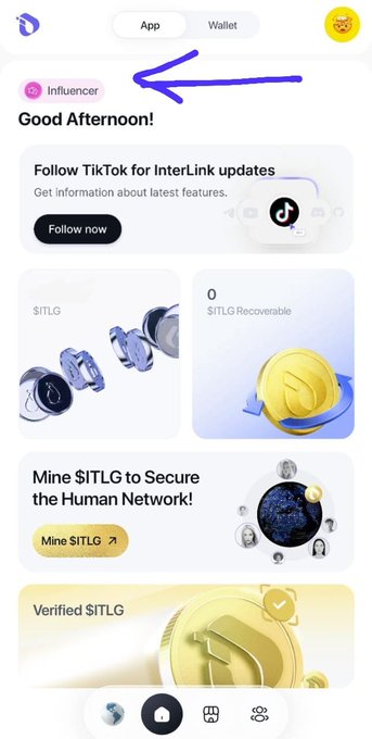 The screenshot shows the InterLink app with the "Influencer" badge prominently displayed, congratulating the user on completing their 7-day trainee program and diving into the ecosystem of Proof of Personhood, Human Nodes, and $ITLG.