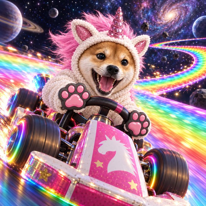 Digital art showing a happy dog wearing a pink unicorn hood, gripping the steering wheel of a pink racing kart while speeding through a vibrant rainbow tunnel surrounded by space and planets.