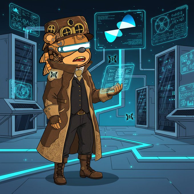 A steampunk-style cartoon character with glowing goggles and an ornate coat standing in a futuristic server room with holographic displays and mathematical formulas.