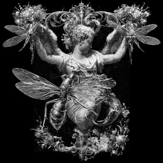 A black and white, intricately detailed illustration of a classical statue of a woman with dragonfly wings, surrounded by flowers, bees, and dragonflies against a dark background.