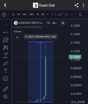 A TradingView chart for Cash Cat (CASHCAT/WETH) showing a dramatic price spike from ~0.0001 to 0.1065 with a +109266.999% gain on the daily timeframe.