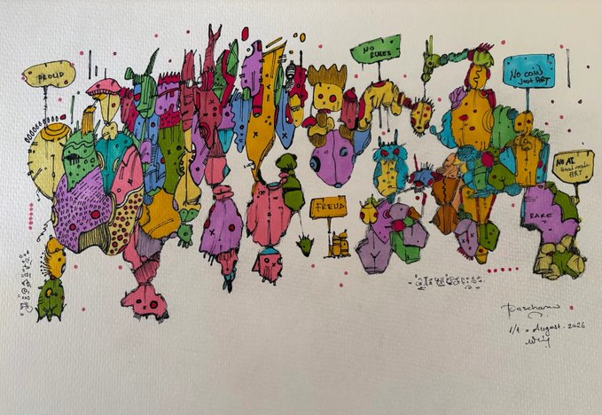 A colorful abstract painting filled with whimsical shapes, figures, and signs, including text that reads 'Proud', 'No Bones', 'Friends', 'Rare', and 'Trust us'.