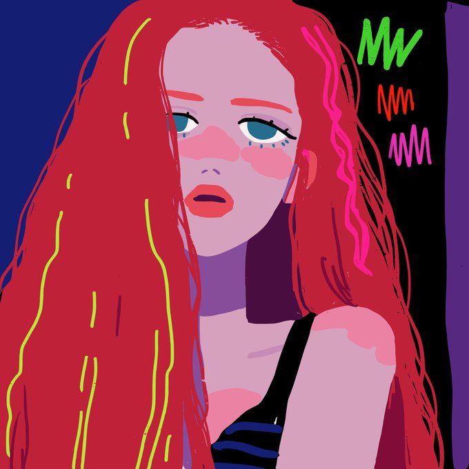 A vibrant digital illustration of a red-haired woman with a melancholic expression, accented by neon highlights and "MW" lettering in the corner, complements the post's announcement of "Muichiro Daily" — a new daily NFT artwork series debuting with "The Look" on objkt.