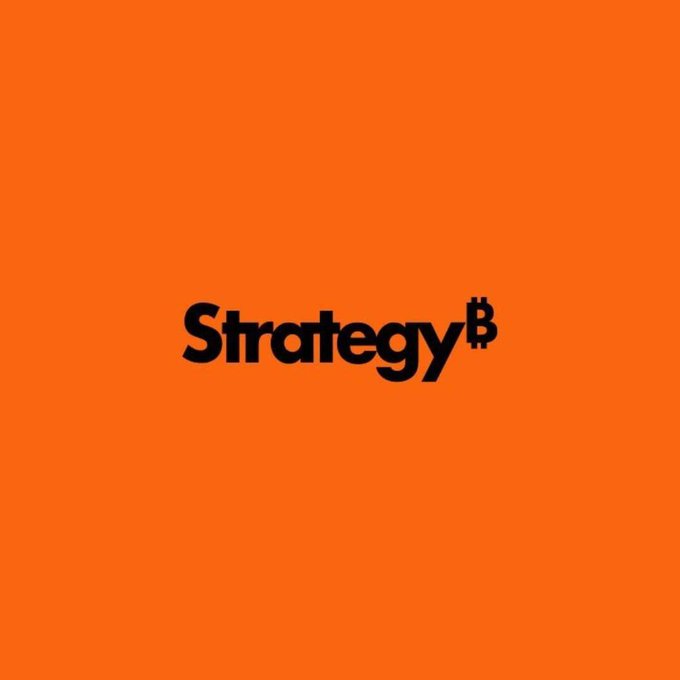The image features a bright orange background with the bold black "Strategy" logo centered in the middle, incorporating the Bitcoin "₿" symbol as the final character in place of the letter "B." This branding visually reinforces the accompanying post about Strategy's $52 billion in net Bitcoin reserves, highlighting the company's prominent association with cryptocurrency.