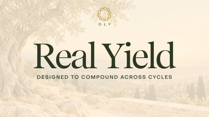 A beige promotional graphic featuring an olive tree logo and the text 'OLY Real Yield DESIGNED TO COMPOUND ACROSS CYCLES'.