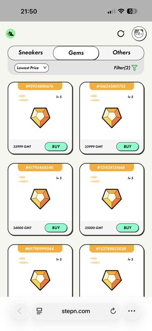 A mobile web browser shows the stepn.com marketplace on the 'Gems' tab, displaying various hexagonal digital gems available for purchase with prices ranging from 32,999 to 35,000 GMT.