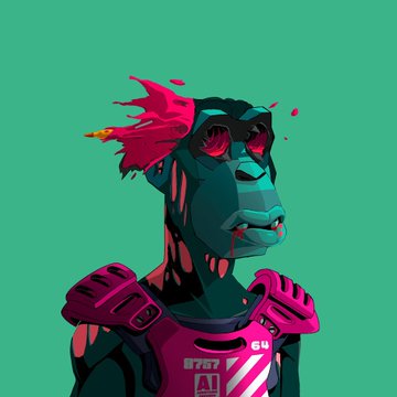 Digital art portrait of a teal-skinned cyborg or alien character with red splatter effects on its head, wearing pink armor with '167', 'AI', and '64' labels against a green background.