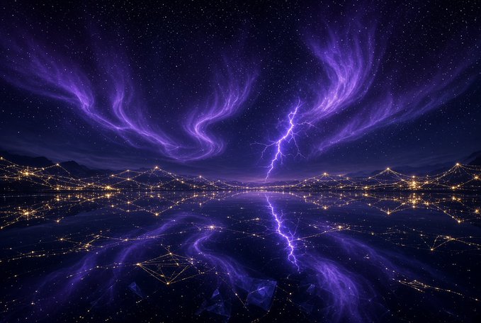 A surreal nighttime landscape where swirling purple auroras and a lightning bolt streak across a starry sky, mirrored on a reflective surface dotted with glowing golden network nodes.

The image's mystical, "loading"-like energy of gathering lights and distant thunder visually echoes the post's message of quiet anticipation and an upcoming reveal for the $DUBS community on Solana.