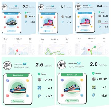A collection of NFT sneaker trading cards from the STEPN app showing different running stats, calories burned, and efficiency ratings with green and red score indicators.