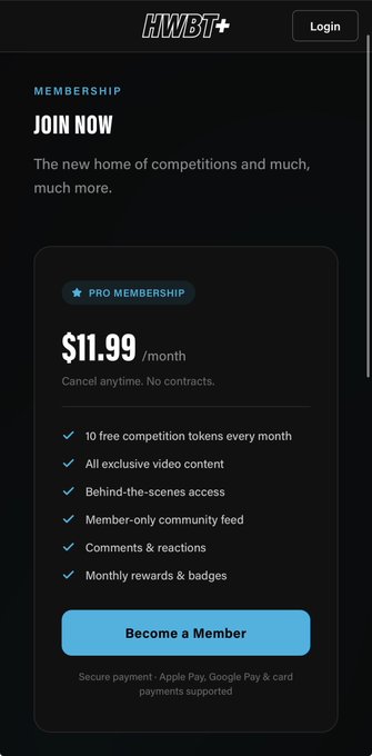 The image shows a "HWBT+" membership pricing page offering a "Pro Membership" at $11.99/month, featuring benefits like 10 free competition tokens, exclusive video content, behind-the-scenes access, and a member-only community feed.

The caption ties to "Points have gone mainstream" by highlighting HWBT+'s gamified membership model, where points-like tokens and exclusive perks illustrate how loyalty-style rewards systems are being adopted by creators and brands.