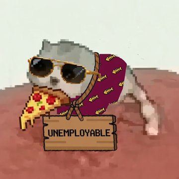 A pixel-art dog wearing sunglasses, a Hawaiian shirt, and holding pizza stands behind a cardboard sign reading 'UNEMPLOYABLE.'