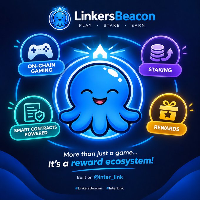 A promotional graphic for 'LinkersBeacon' features a central smiling blue octopus character surrounded by icons for 'ON-CHAIN GAMING,' 'SMART CONTRACTS POWERED,' 'STAKING,' and 'REWARDS,' built on @inter_link.