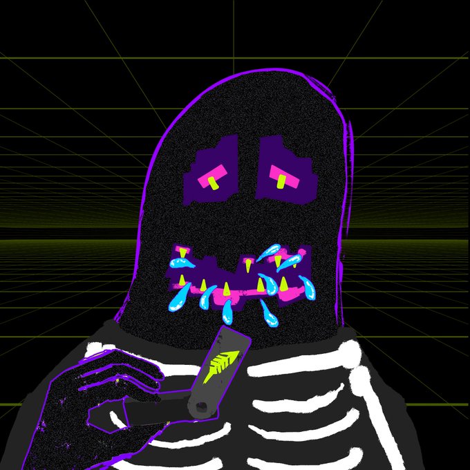 A neon-outlined Grim Reaper character with glowing pink eyes and a cyan-toothed grin holds a razor blade, symbolizing the sharp, risky nature of the ERC404 token experiment referenced in the contract address 0x7c072be75572a723a5b52c7a7cfa6a084a44d01b. The glitchy, vaporwave aesthetic against the grid background reinforces the chaotic, boundary-pushing fusion of NFT and coin that the post describes.