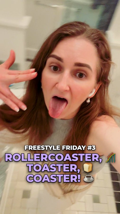 A selfie-style video of a young woman with reddish-brown hair sticking out her tongue and holding up a peace sign, with text overlay reading 'FREESTYLE FRIDAY #3 ROLLERCOASTER, TOASTER, COASTER!' with emojis.