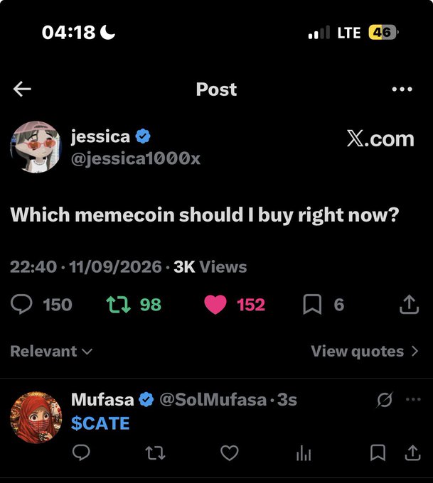 A screenshot of an X (Twitter) post by verified user 'jessica' (@jessica1000x) asking 'Which memecoin should I buy right now?', with a reply from 'Mufasa' (@SolMufasa) suggesting '$CATE'.