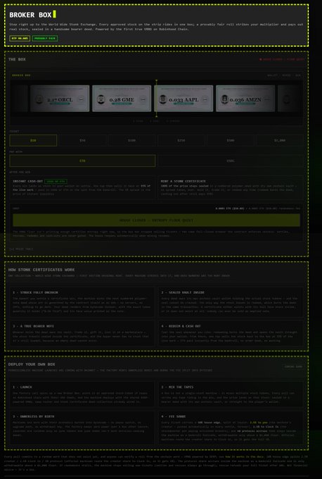 A dark-themed web interface titled 'BROKER BOX' displaying a simulated stock exchange for unicorns, with ticker entries like '3.7 ORCL', '0.28 GME', '0.023 AAPL', and '0.038 AMZN' alongside sections like 'THE BOX' and 'HOW STONE CERTIFICATES WORK'.