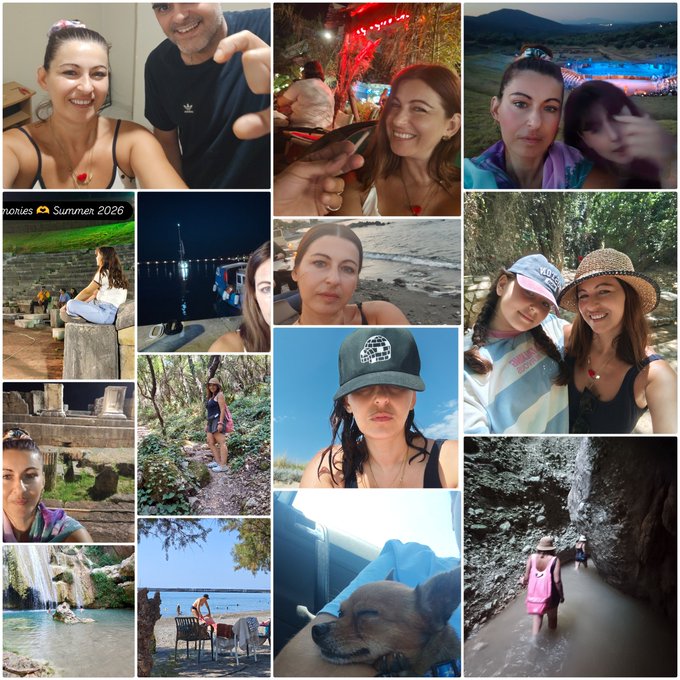A photo collage featuring various personal moments including selfies, travel scenes, and candid photos of a woman and her friends.