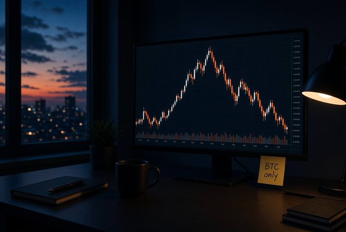 A dark moody scene showing a computer monitor displaying a candlestick trading chart with a 'BTC only' sticky note, with a sunset cityscape visible through a window.