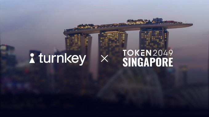 A promotional graphic featuring the Marina Bay Sands hotel in the background and logos reading 'turnkey × TOKEN 2049 SINGAPORE' in the foreground.