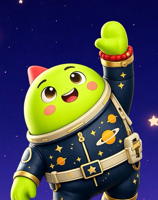A cheerful green cartoon character wearing a star-patterned spacesuit waves while posing against a starry night sky background.