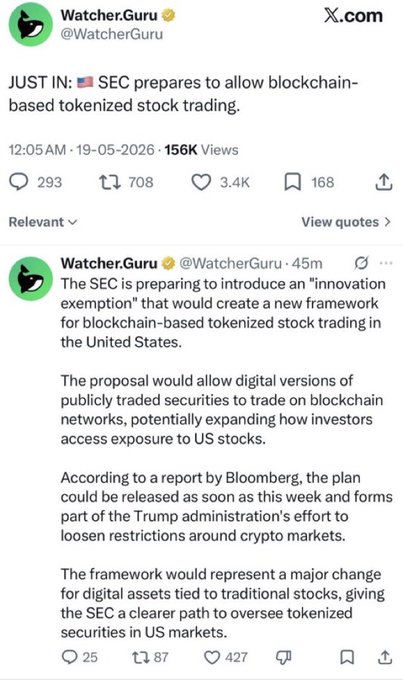 A screenshot of an X post by Watcher.Guru (@WatcherGuru) dated 19-05-2026 reporting that the SEC is preparing an "innovation exemption" to allow blockchain-based tokenized stock trading in the U.S., with 156K views and 3.4K likes. The accompanying context notes that this May 19 announcement was delayed and the framework is now expected to be released on Friday, August 14.
