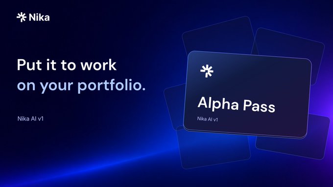 A sleek dark blue promotional graphic for Nika features the tagline "Put it to work on your portfolio" alongside overlapping card designs highlighting the "Alpha Pass" and "Nika AI v1," visually reinforcing the campaign's offer of 10,000 passes to experience the AI-powered portfolio tool.