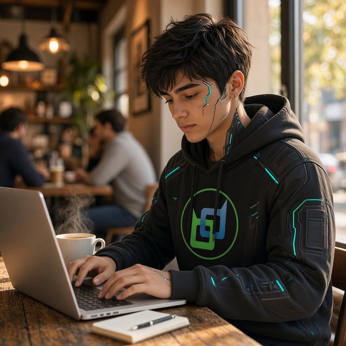 A digital illustration of a young man with cybernetic facial implants wearing a tech-style hoodie with green accents, working on a laptop in a cafe next to a steaming coffee cup.